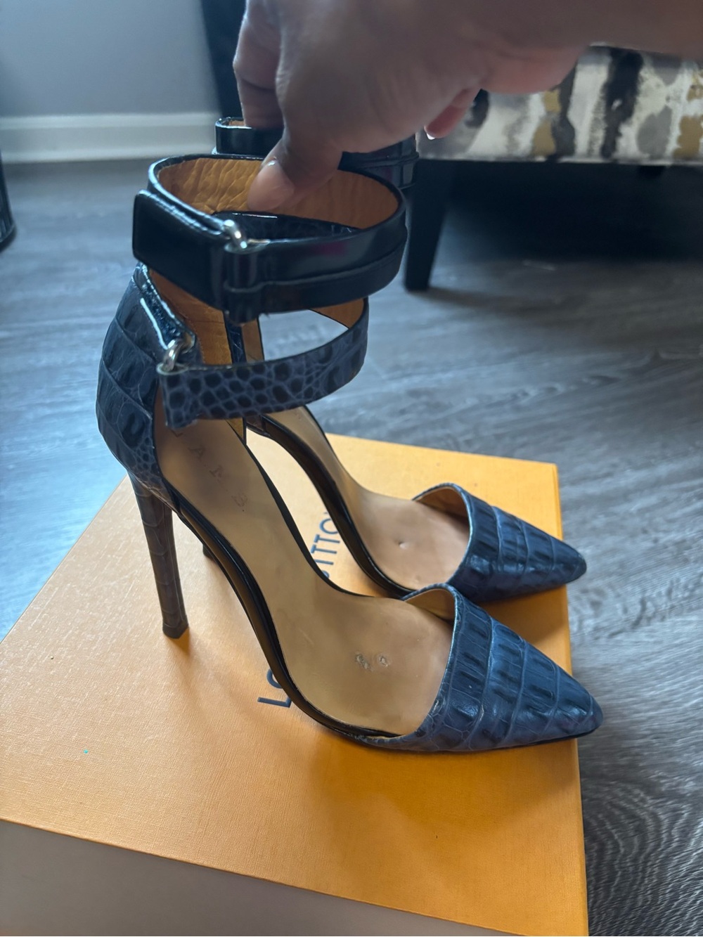 L.A.M.B. Navy Croc-Embossed Pointed-Toe Ankle-Strap Heels